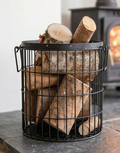 Black Wirework Fireside Log Basket In Living Room Setting Black Wirework Fireside Log Basket In Living Room Setting