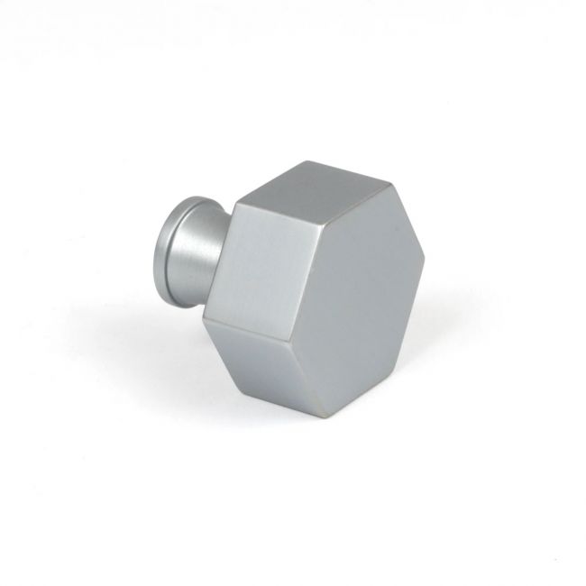 The 32mm "Vanguard" Hexagonal Cabinet Knob in Satin Chrome on a White Background Viewed from the Side