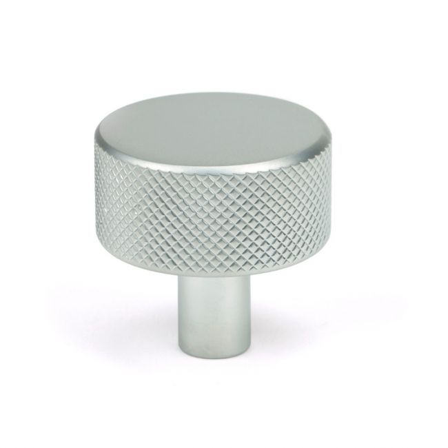 The 32mm Knurled Cabinet Knob (No Rose) in Satin Chrome Shown Upright on a White Background