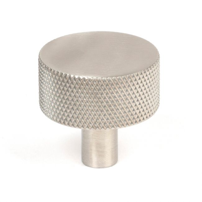 The 32mm Knurled Cabinet Knob (No Rose) in Satin Stainless Steel Shown Upright on a White Background