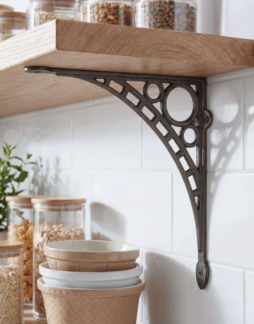 The 33 x 33cm "Ironbridge" Antique Nickel Shelf Bracket Mounted on a White Tiled Kitchen Wall in a Modern Home - Digital Illustration 