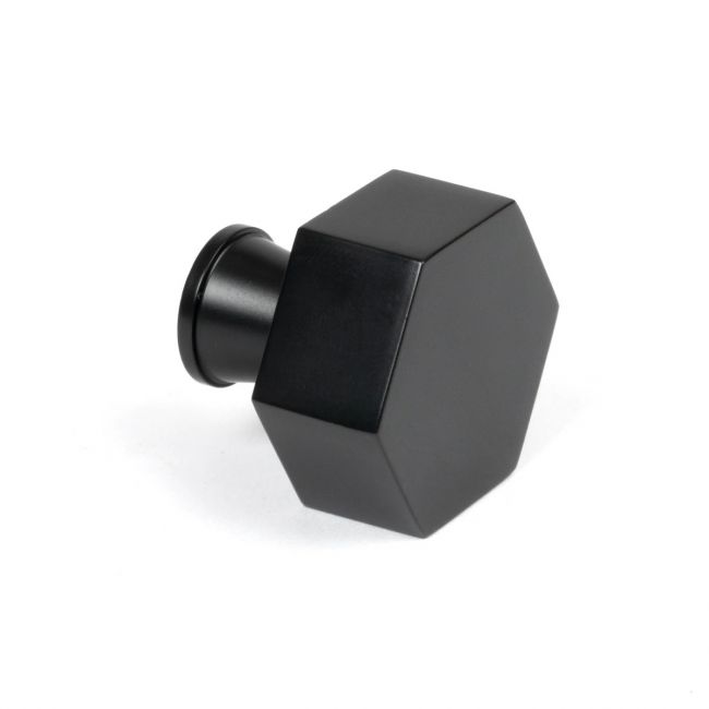 The 38mm "Vanguard" Hexagonal Cabinet Knob in Matt Black on a White Background Shown Side On