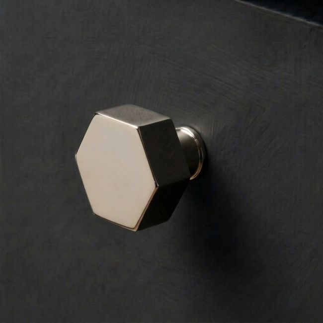 The 38mm "Vanguard" Hexagonal Cabinet Knob in Polished Nickel Mounted on a Charcoal Coloured Kitchen Drawer - Digital Illustration The 38mm "Vanguard" Hexagonal Cabinet Knob in Polished Nickel Mounted on a Charcoal Coloured Kitchen Drawer - Digital Illustration