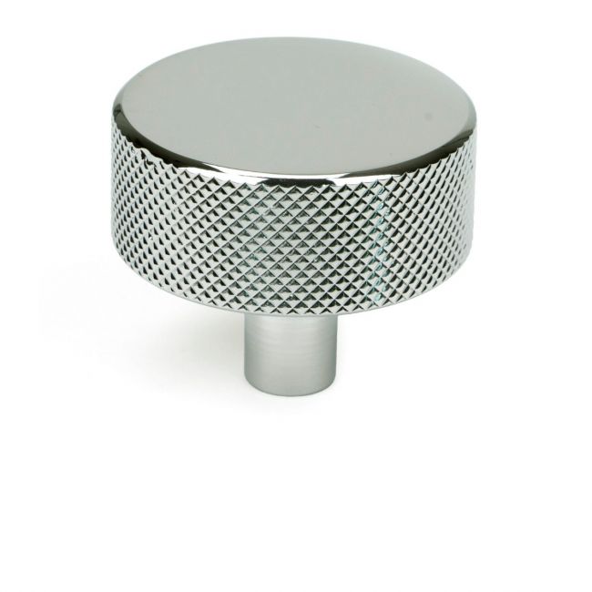The 38mm Knurled Cabinet Knob (No Rose) in Polished Chrome Shown Upright on a White Background