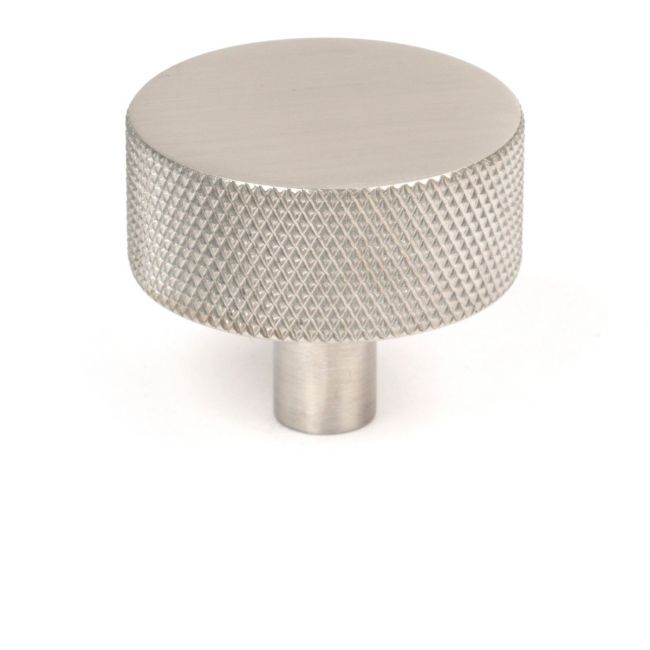 The 38mm Knurled Cabinet Knob (No Rose) in Satin Stainless Steel Shown Upright on a White Background