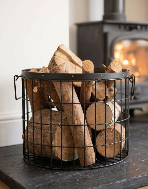 Large Black Wirework Fireside Log Basket In Living Room Setting Large Black Wirework Fireside Log Basket In Living Room Setting