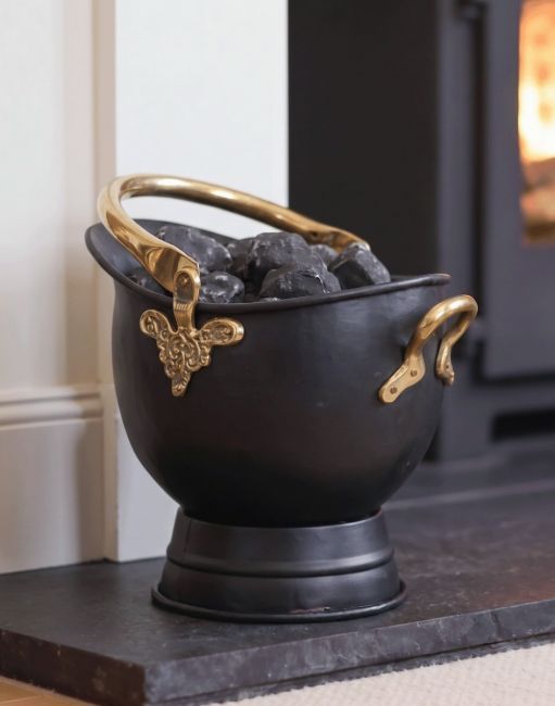 The 41cm "Countess" Coal Bucket Displayed in Front of a Black Log Burner Stove - Digital Illustration The 41cm "Countess" Coal Bucket Displayed in Front of a Black Log Burner Stove - Digital Illustration