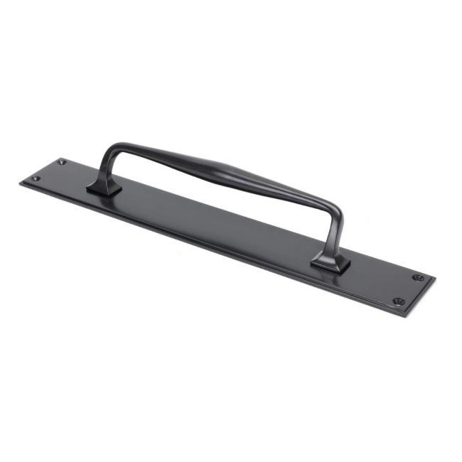 The 425mm Swelled Grip Door Handle with Backplate in Aged Bronze on a White Background The 425mm Swelled Grip Door Handle with Backplate in Aged Bronze on a White Background