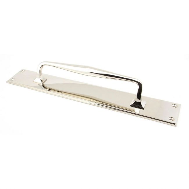 The 425mm Swelled Grip Door Handle with Backplate in Polished Nickel on a White Background The 425mm Swelled Grip Door Handle with Backplate in Polished Nickel on a White Background