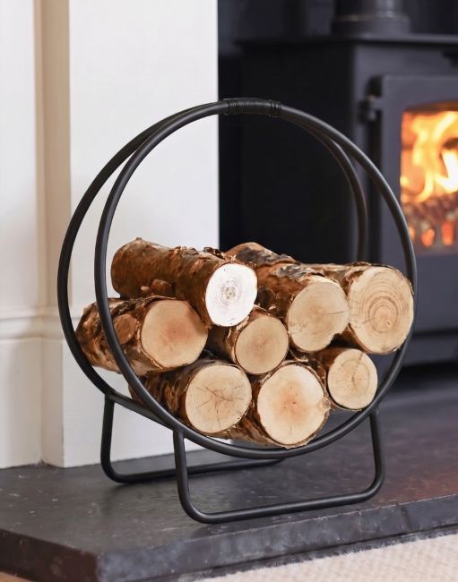 Black Contemporary Circular Log Rack & Holder With Handle - 45cm in Situ