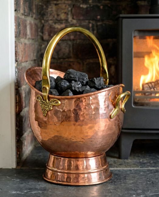 The 46cm "Windsor" Coal Bucket in a Modern Cream Living Room with a Log Burner in the Background - Digital Illustration
