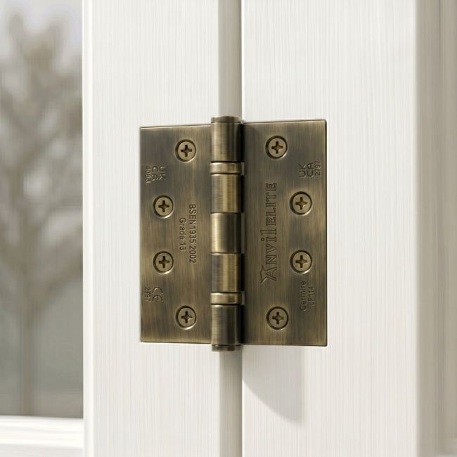 The 4" "Harrogate" Premium Ball Bearing Butt Hinge Suitable for Windows and Doors Mounted on a Classic White Window - Digital Illustration