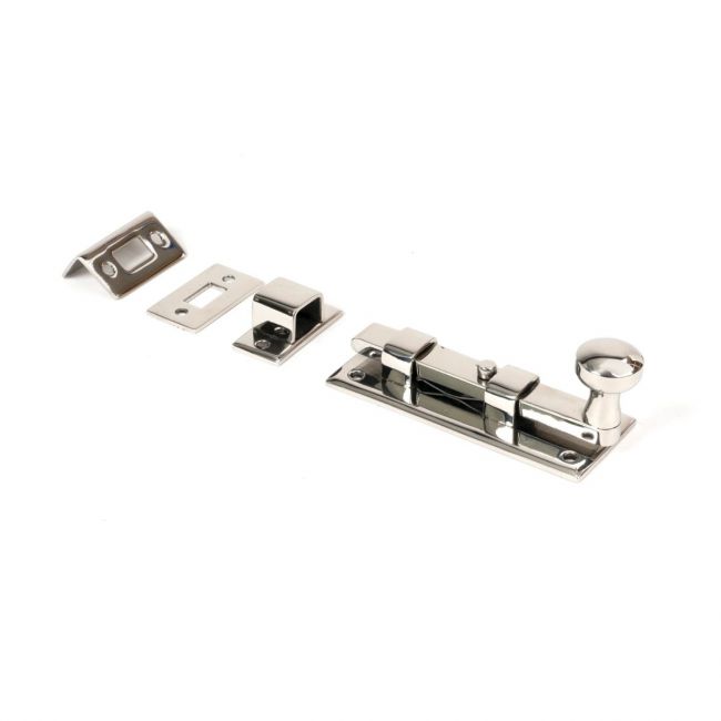 The 4" Polished Stainless Steel Universal Door & Window Bolt on a White Background The 4" Polished Stainless Steel Universal Door & Window Bolt on a White Background
