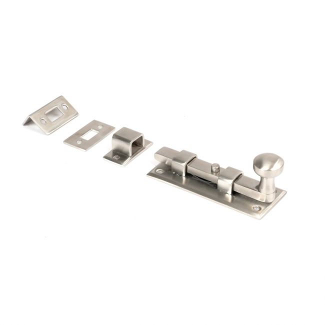 The 4" Satin Stainless Steel Universal Door & Window Bolt on a White Background The 4" Satin Stainless Steel Universal Door & Window Bolt on a White Background