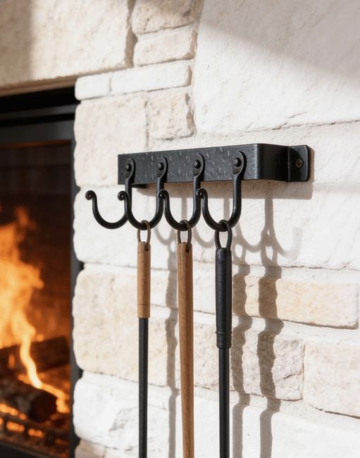 The 4 Hook "Blacksmith Style" Wall Mounted Fireside Tool Rack Mounted on a White Brick Wall Next to a Lit Fire - Digital Illustration 