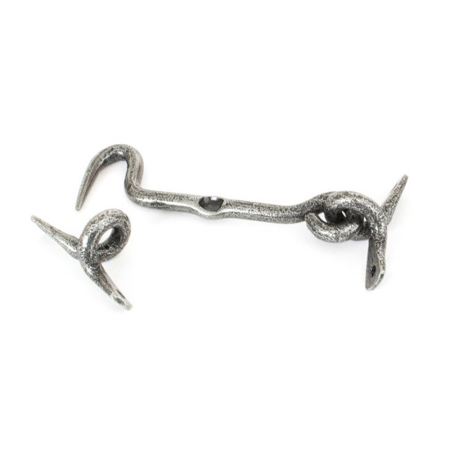 The 4 Inch Forged Iron Cabin Hook in a Pewter Finish on a White Background
