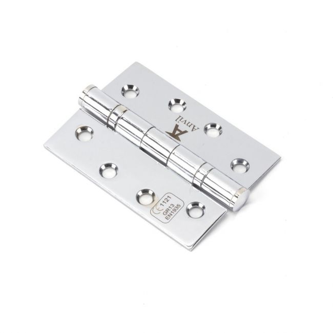 The 4 Inch Stainless Steel Ball Bearing Butt Hinges (Pair) in Polished Chrome on a White Background