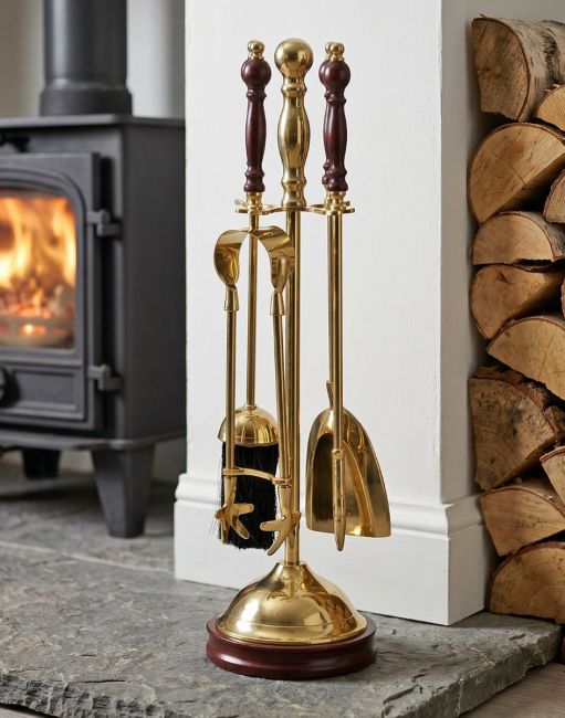 Polished Brass and wood fire tool set