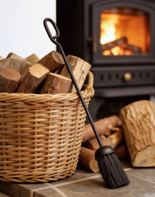 The 51cm Black Fireside Brush Leant up Against a Log Basket - Digital Illustration The 51cm Black Fireside Brush Leant up Against a Log Basket - Digital Illustration