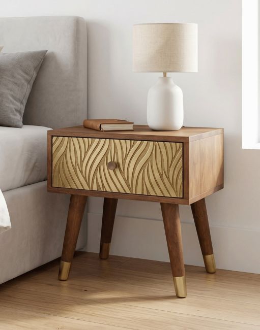 The 51cm Mango Wood & Brass Bedside Cabinet Placed next to a King Size Bed in a Modern Home - Digital Illustration 