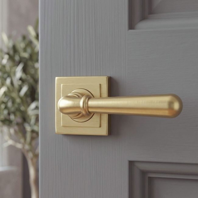 Modern Satin Brass "Neville" Unsprung Door Handle on Square Rose Set - 53mm
