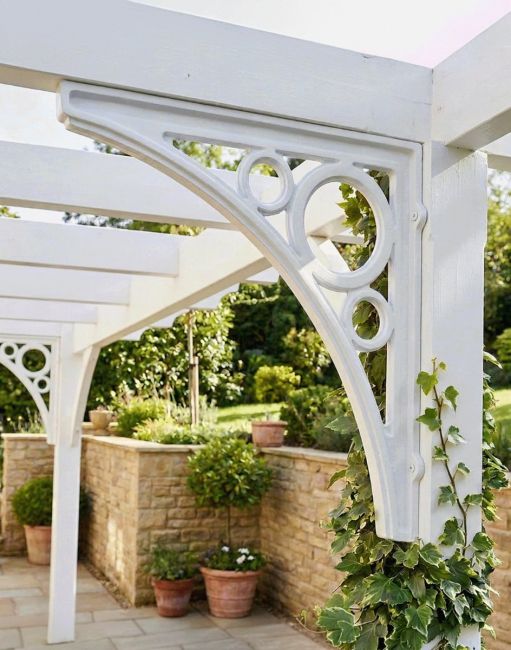 The 56 x 56cm Conservatory Bracket in a White Finish Mounted on a White Garden Structure - Digital Illustration 