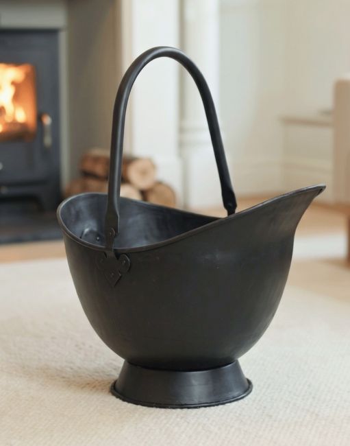 The 58cm "Waterloo" Black Iron Coal Bucket Displayed in a Modern Cream Living Room in Front of a Fireplace - Digital Illustration The 58cm "Waterloo" Black Iron Coal Bucket Displayed in a Modern Cream Living Room in Front of a Fireplace - Digital Illustration