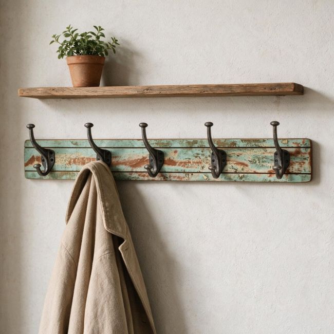 The 5 Hooked Reclaimed Wood & Iron Coat Hooks Displayed on a Cream Wall in a Home Entrance - Digital Illustration The 5 Hooked Reclaimed Wood & Iron Coat Hooks Displayed on a Cream Wall in a Home Entrance - Digital Illustration