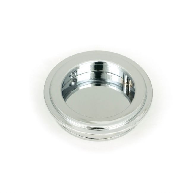 The 60mm Art Deco Round Flush Pull Handle in Polished Chrome Shown from the Front on a White Background
