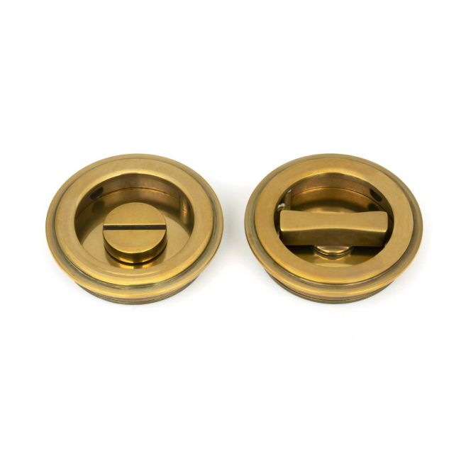 60mm Art Deco Round Sliding Pocket Door Privacy Set in Aged Brass