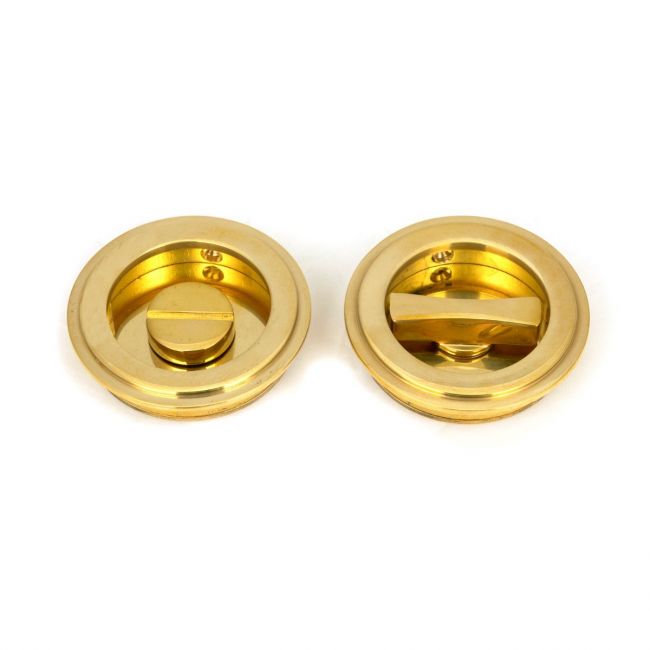 The 60mm Art Deco Round Sliding Pocket Door Privacy Set in Polished Brass Front and Back Section Shown Side by Side