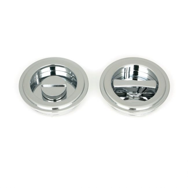 The 60mm Art Deco Round Sliding Pocket Door Privacy Set in Polished Chrome Showing the Front and Rear Section Side by Side