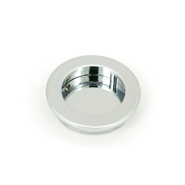 The 60mm Classic Round Flush Pull Handle in Polished Chrome Shown from the Front on a White Background