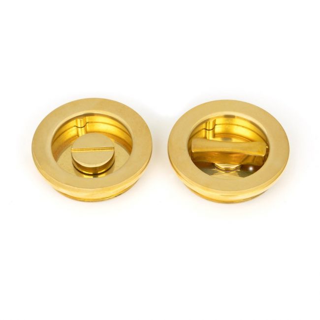 The 60mm Classic Round Sliding Pocket Door Privacy Set in Polished Brass Front and Back Section Shown Side by Side
