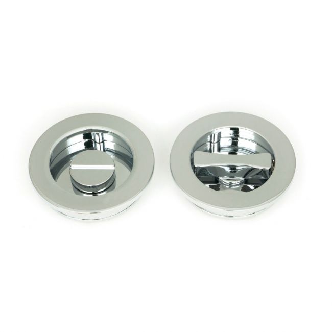 The 60mm Classic Round Sliding Pocket Door Privacy Set in Polished Chrome Showing the Front and Rear Section Side by Side
