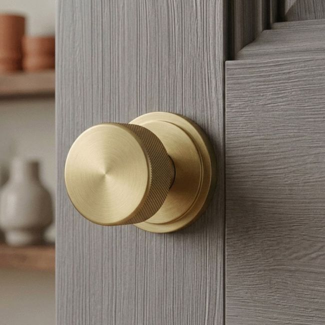 Satin Brass "Royale" Art Deco Mortice Rim Knob Set - 63mm