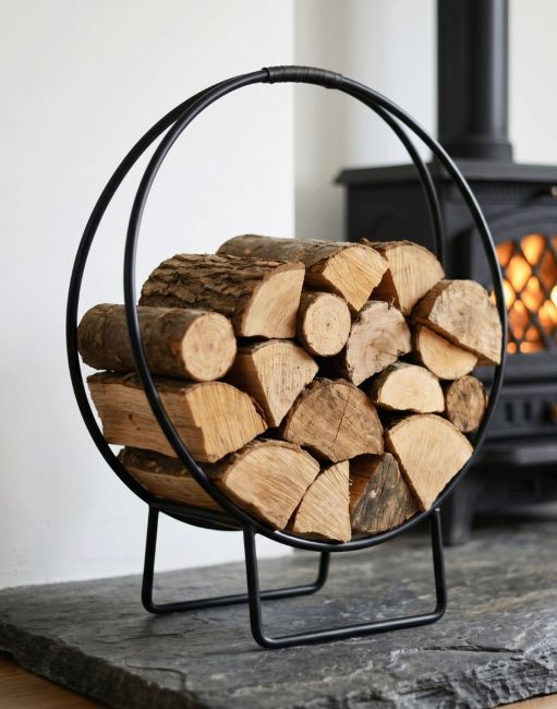 Black Contemporary Circular Log Rack & Holder With Brown Handle in Situ Black Contemporary Circular Log Rack & Holder With Brown Handle in Situ