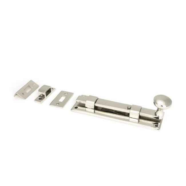 The 6" Polished Stainless Steel Universal Door & Window Bolt on a White Background The 6" Polished Stainless Steel Universal Door & Window Bolt on a White Background