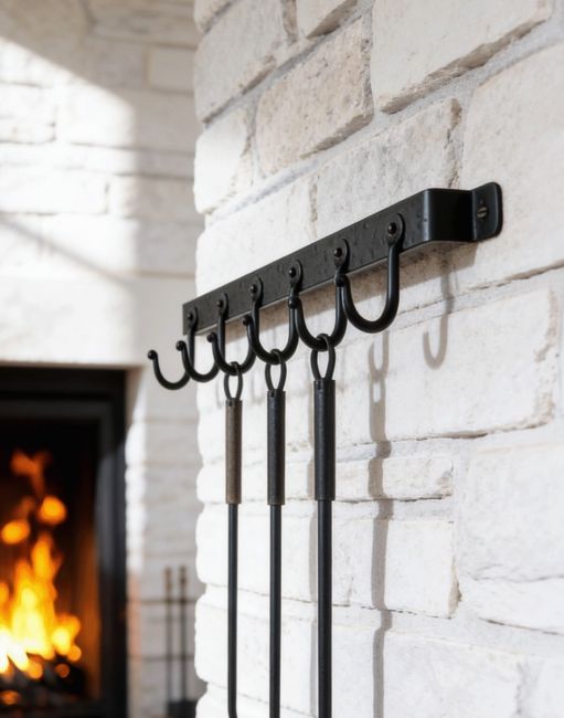 The 6 Hook "Blacksmith Style" Wall Mounted Fireside Tool Rack Mounted on a White Brick Wall - Digital Illustration