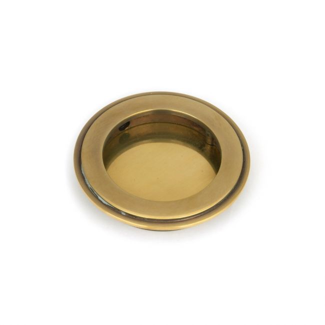 75mm Art Deco Round Flush Pull Handle - Aged Brass