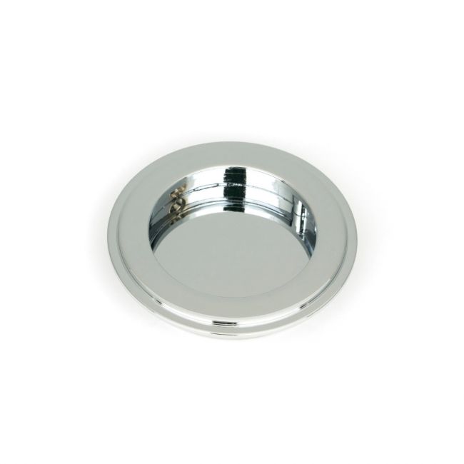 The 75mm Art Deco Round Flush Pull Handle in Polished Chrome Shown from the Front on a White Background