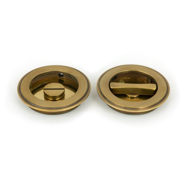 75mm Art Deco Round Sliding Pocket Door Privacy Set in Aged Brass