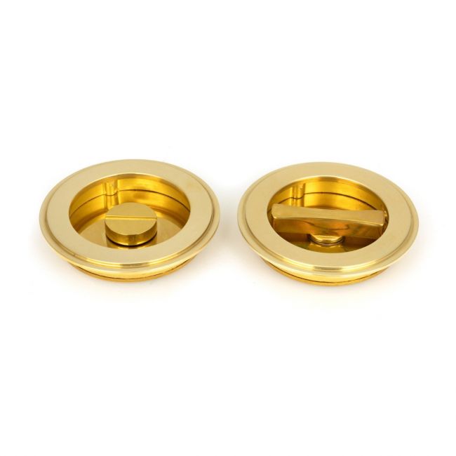 The 75mm Art Deco Round Sliding Pocket Door Privacy Set in Polished Brass Front and Back Section Shown Side by Side