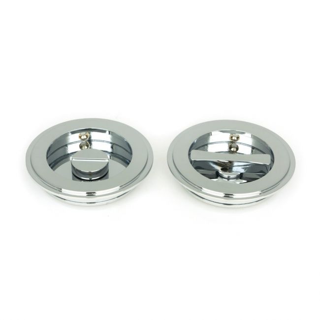 The 75mm Art Deco Round Sliding Pocket Door Privacy Set in Polished Chrome Showing the Front and Rear Section Side by Side