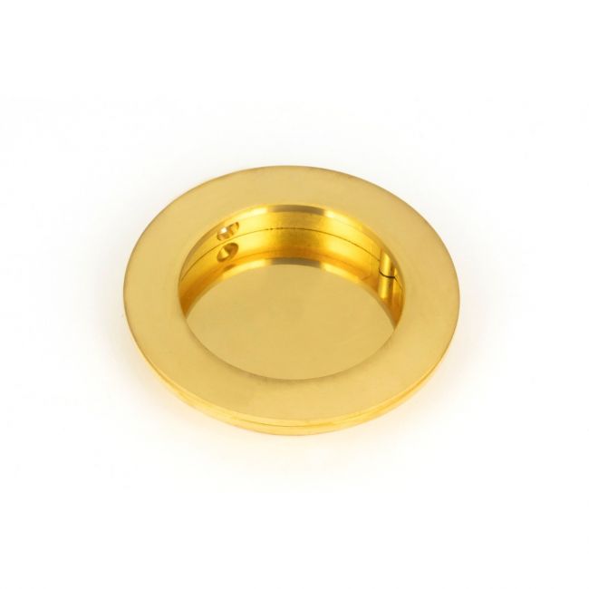 The 75mm Classic Round Flush Pull Handle in Polished Brass shown up close on a White Background