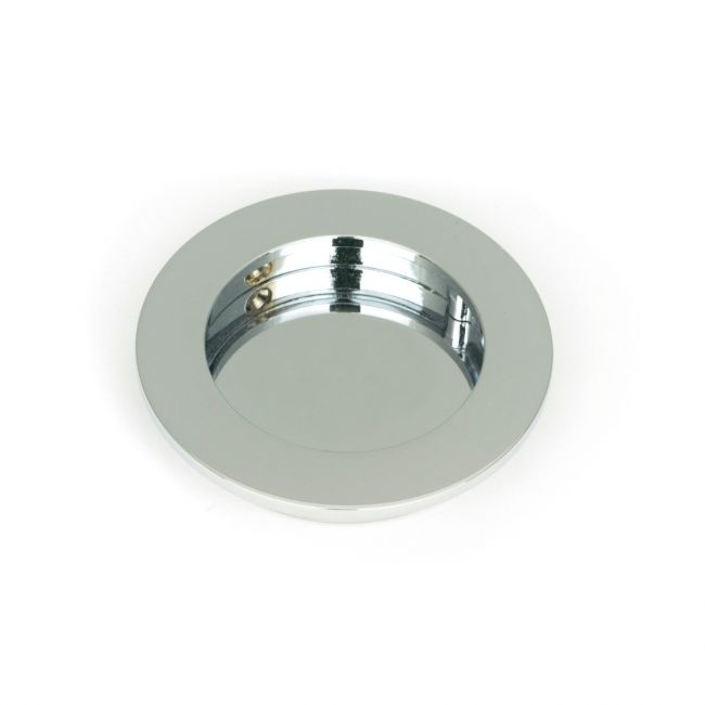The 75mm Classic Round Flush Pull Handle in Polished Chrome Shown from the Front on a White Background