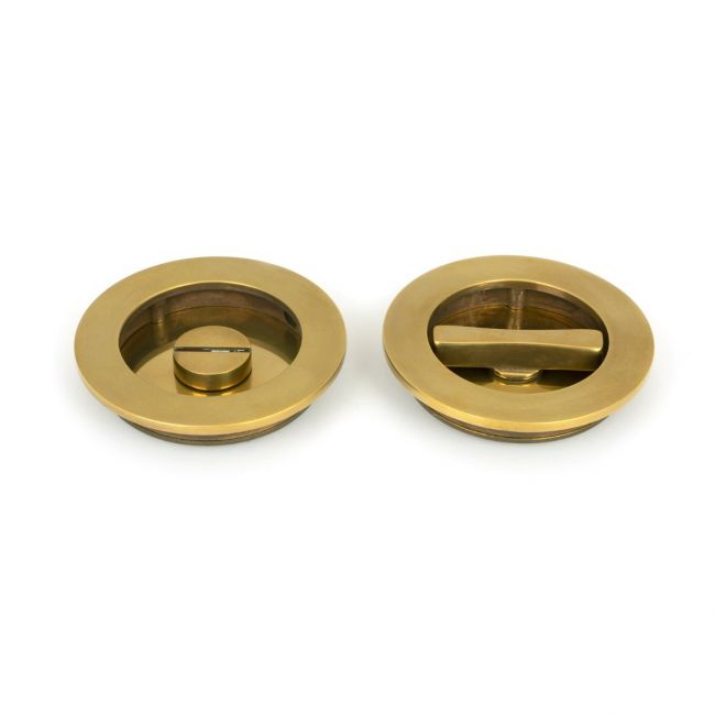 75mm Classic Round Sliding Pocket Door Privacy Set in Aged Brass