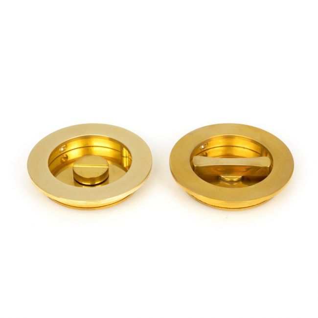 The 75mm Classic Round Sliding Pocket Door Privacy Set in Polished Brass Front and Back Section Shown Side by Side