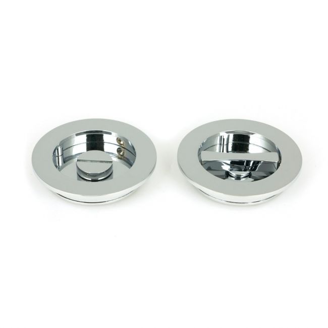 The 75mm Classic Round Sliding Pocket Door Privacy Set in Polished Chrome Showing the Front and Rear Section Side by Side