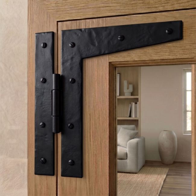 The 7" Traditional Black HL Hinge Mounted on a Wooden Door Frame With Window - Digital Illustration